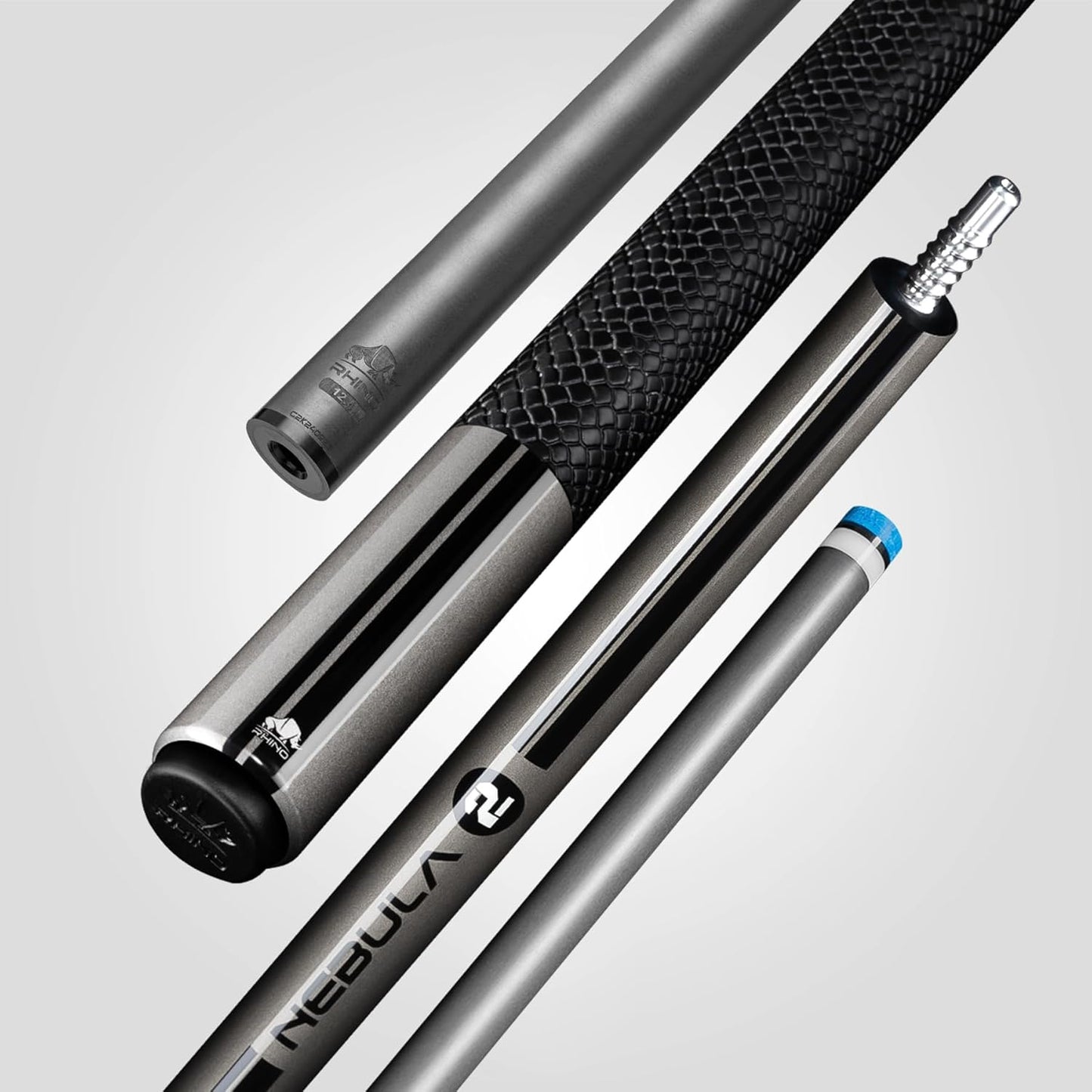 RHINO Nebula 2 Pool Cue - Premium Carbon Fiber Shaft & Composite Butt. Time Crystal Tip, Pro Taper Design. 3/8-8 Joint, Sport Wrap. Low Deflection Pool Cue