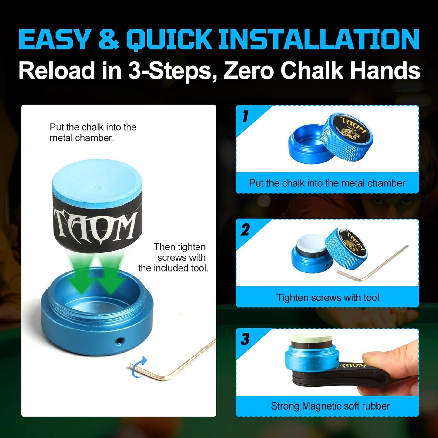 Taom Round Shaped Pool Chalk Holder, Portable Pool Chalk Cubes, Magnetic Mini Chalk Holder Pool Billiards, Pool Cue Chalk Case Container Box for Billiard Cue Tip Tool Pool Table Snooker Accessories